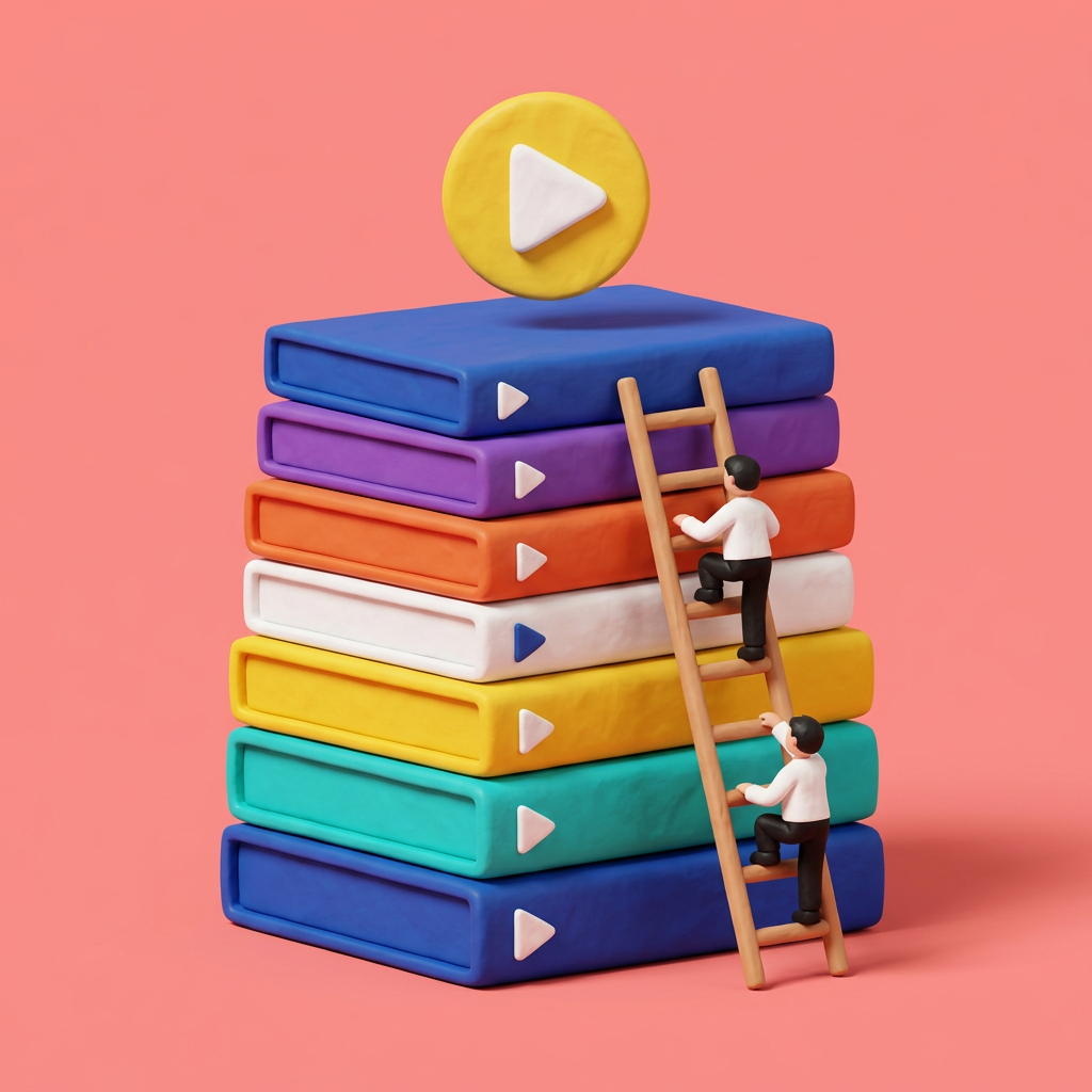 Clay figures climbing a ladder up a stack of colourful video-shaped books toward a yellow play button