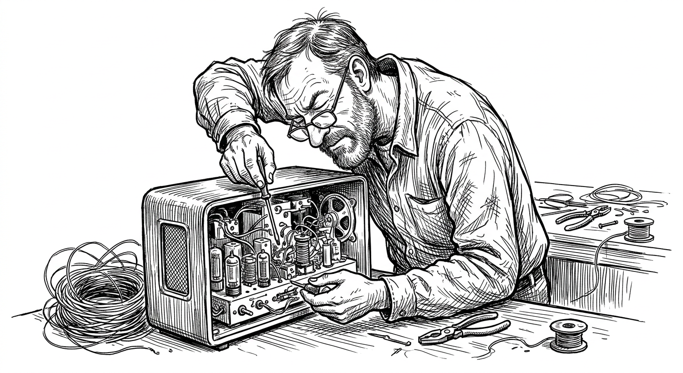 Ink drawing of a bearded man in glasses repairing a vintage radio with a screwdriver