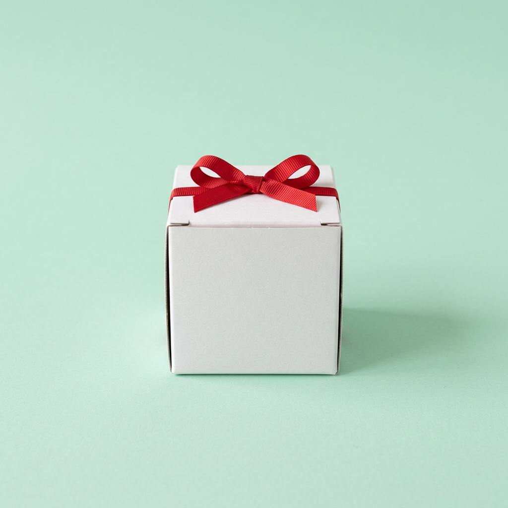 A white gift box with a red bow on a mint green surface