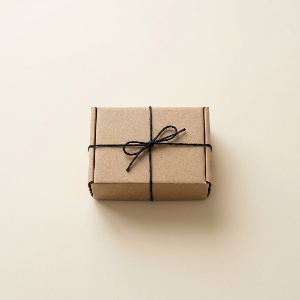 A single kraft box tied with black string on a cream surface