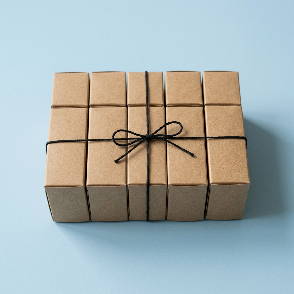 Ten kraft boxes tied together with black string on a pale blue surface