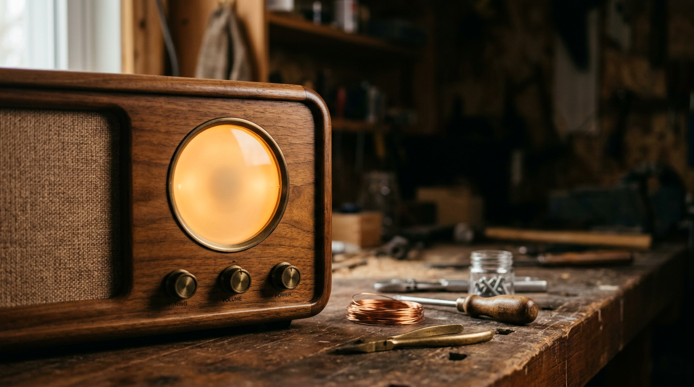 A restored wooden radio with a softly glowing dial on a workbench with hand tools
