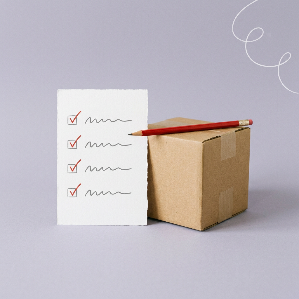 A checklist card and a red pencil resting against a taped box on a lilac surface