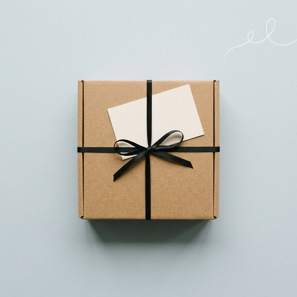 A kraft box tied with black ribbon and a blank card on a pale blue surface