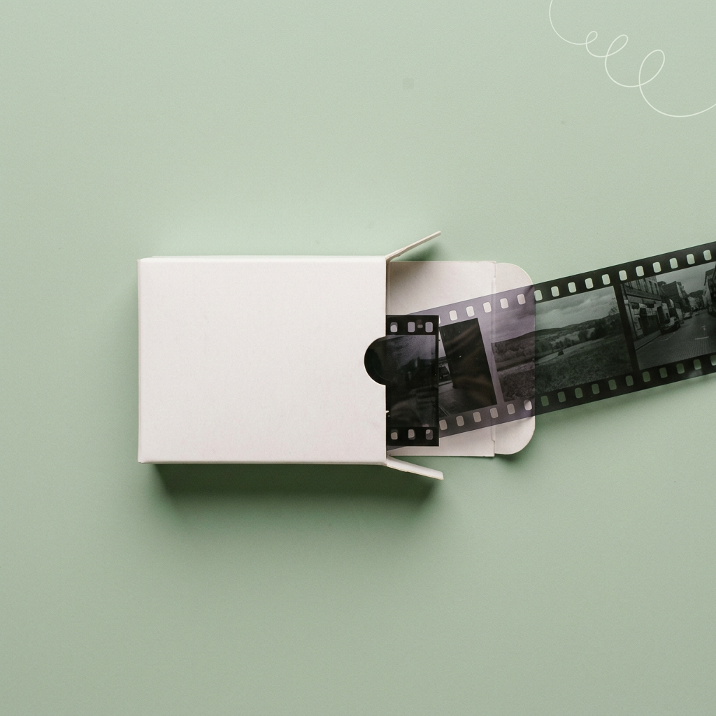 A white card box with a strip of film sliding out of it on a sage green surface